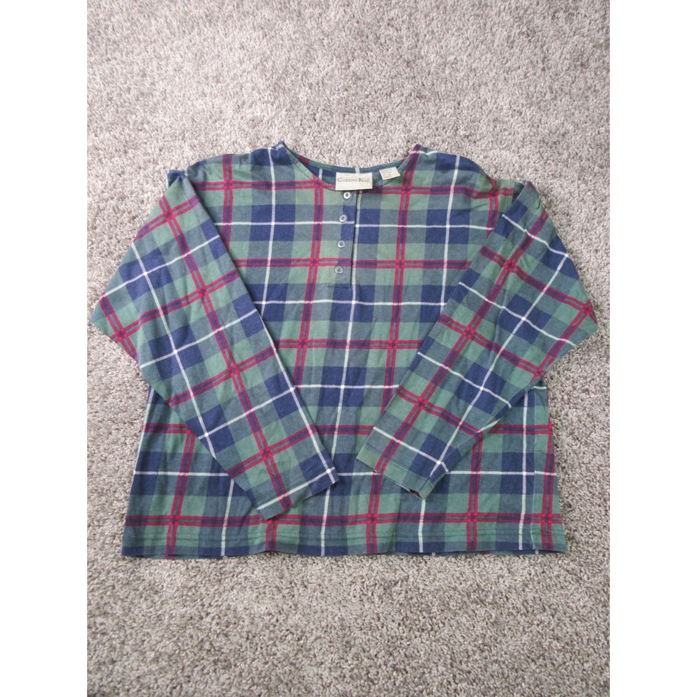 Copper Key Vintage Plaid Henley Top Womens Medium Green Blue Long Sleeve Cotton
